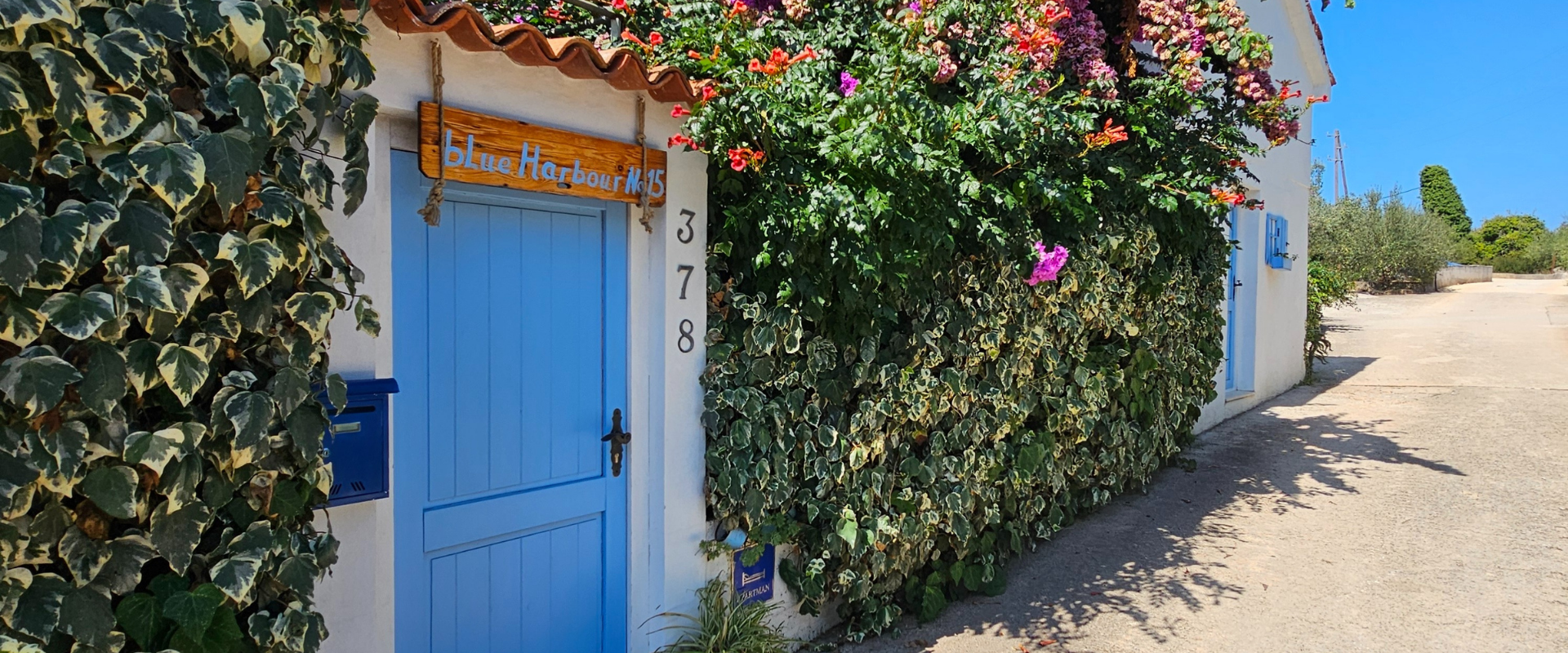Mediterraan straatje met blauwe deur en bloemen in Kroatië
