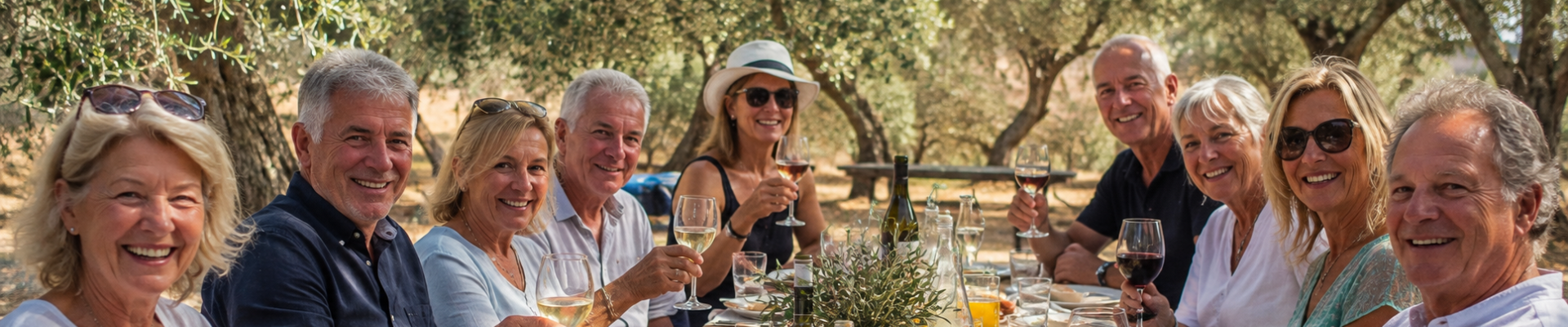 Gasten proosten aan lange tafel tussen de olijfbomen tijdens nazomerweekend olijven plukken in Kroatië