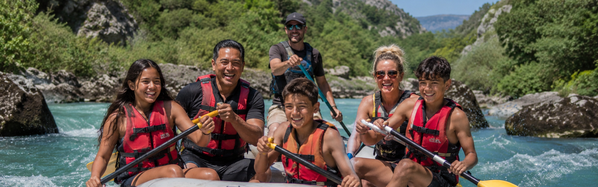 Gezin tijdens het raften op de Cetina-rivier tijdens een actieve vakantie in Kroatië