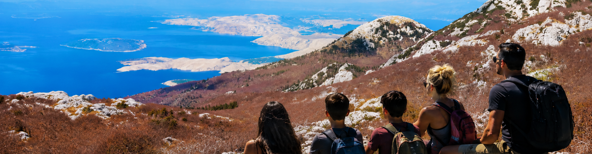 Gezin tijdens een wandeltocht in het Velebit-gebergte met uitzicht over de Kroatische eilanden