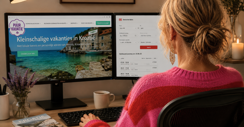 Wendy van Puur Kroatië stelt achter haar bureau een persoonlijke reis naar Kroatië samen.