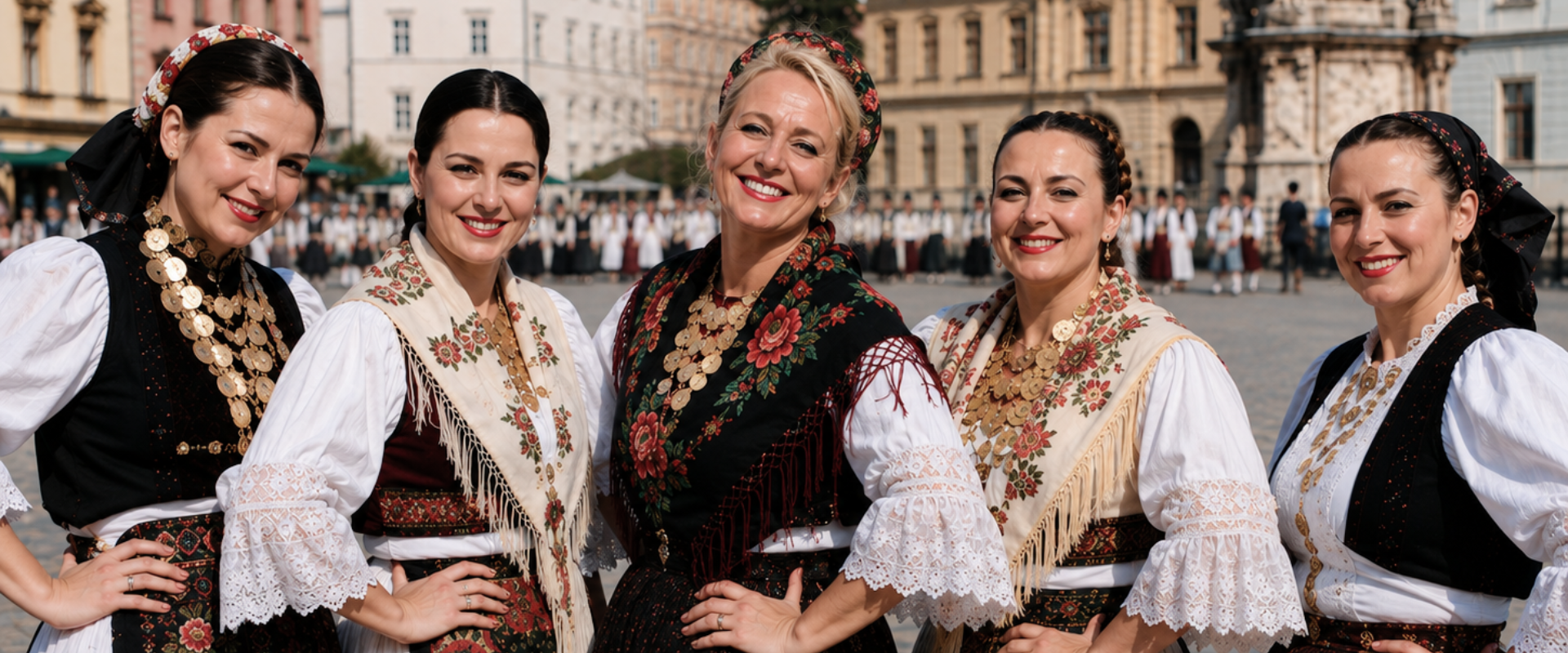 Wendy in traditionele Slavoonse klederdracht tijdens een folklore-evenement in Kroatië.